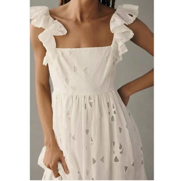 Anthropologie Forever That Girl White Tie-Back Ruffled Eyelet Dress - Picture 2 of 13